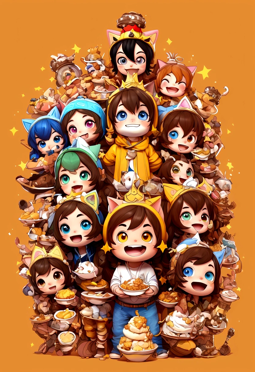 streaked hair, brown hair, hair between eyes, crown, mismatched pupils, star-shaped pupils, heterochromia, cat ears, food on face, shy, character chart，Super detailed、(Whole body - 1.2), 1 Chibi boy, Lovely, Smile, shirt