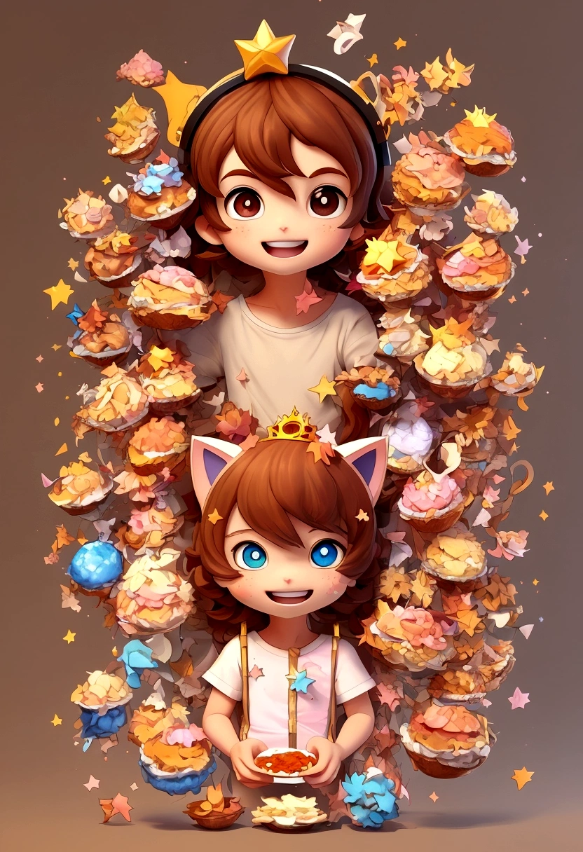 streaked hair, brown hair, hair between eyes, crown, mismatched pupils, star-shaped pupils, heterochromia, cat ears, food on face, shy, character chart,Super detailed、(Whole body - 1.2), 1 Chibi boy, Lovely, Smile, shirt