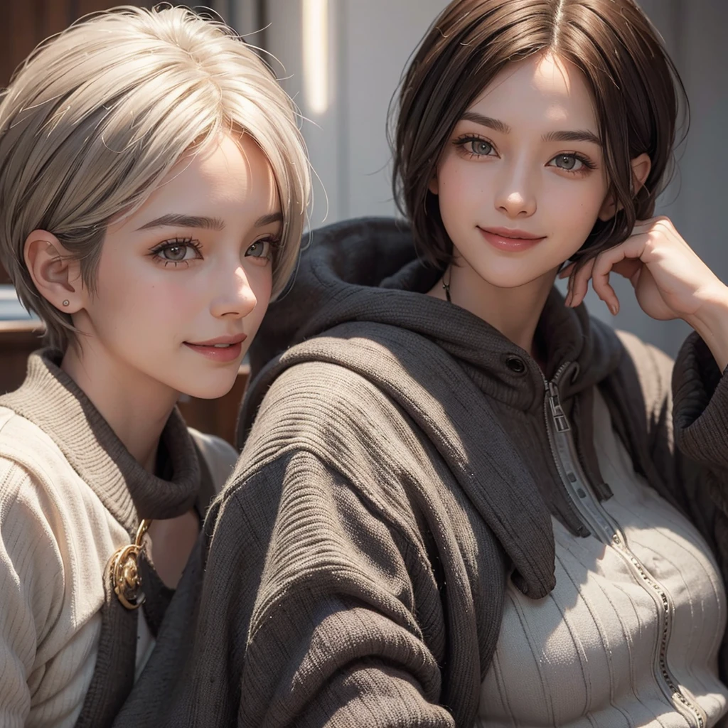 1 adult woman, very short hair, with the parting of the hair to the side, It is brown with some white gray hair., Brown eyes, smiling, has a maternal aura, He is of medium build, close up image for profile photo