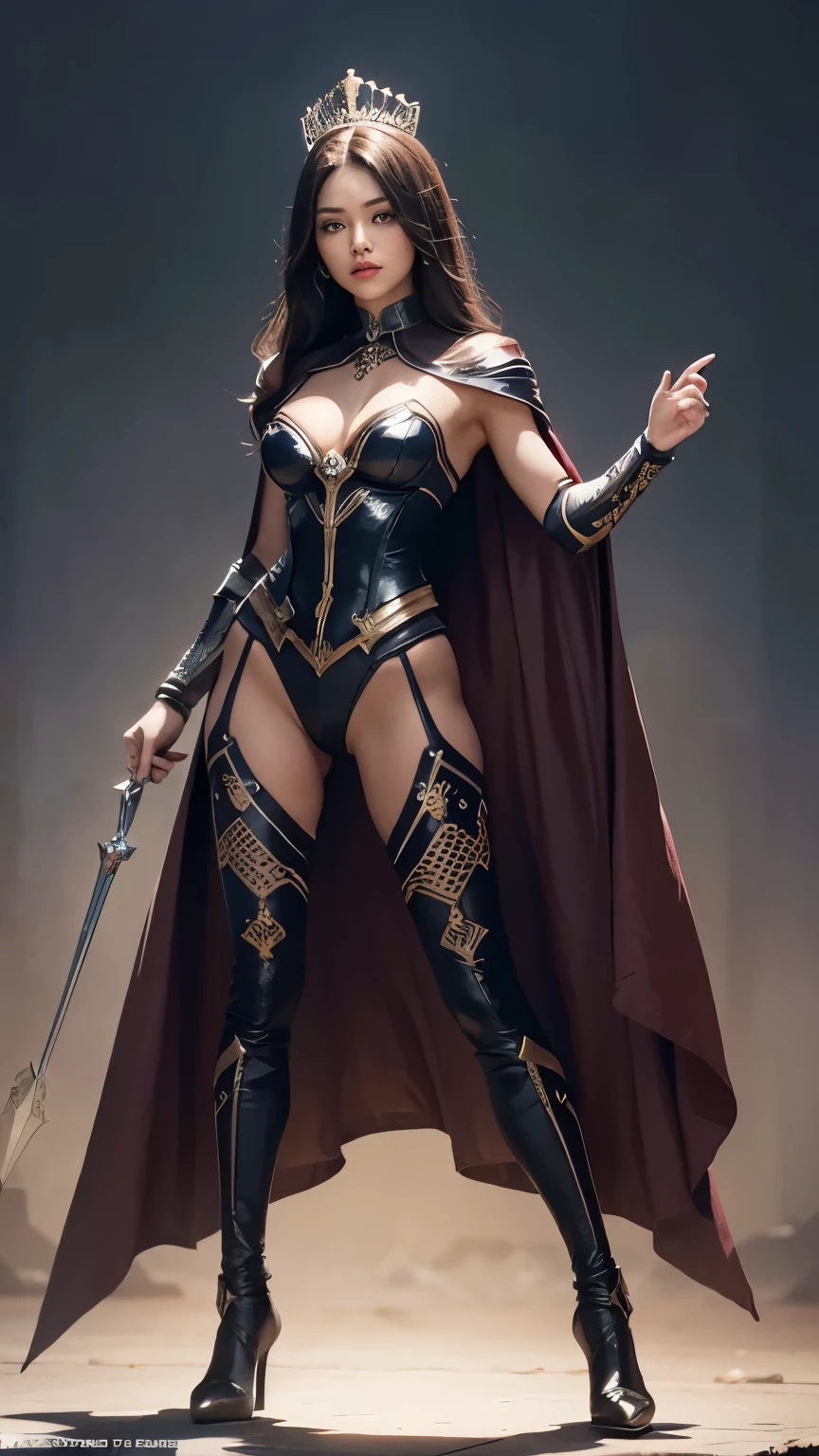 Full body illustration of a woman in a warrior/superhero costume standing. Looking front. straight ahead. The outfit is inspired by the Queen of Clubs from deck of cards. Slight armor. marvelous, marvel comic book characters. Inspired by queen of Clubs from deck of cards. She is standing straight. Toned muscles, fit body. Small . Not vulgar. Clothing cover 70% of body. Very intricately detailed. Beautiful. Standing straight and looking front. No capes.