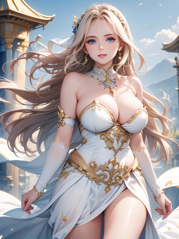 (Highest quality,Super detailed,High resolution,masterpiece,8K),Bright and vibrant colors,Official artwork,Greek white costume,Stylish makeup,Mid-length, shiny blonde hair fluttering in the wind,Captivating eyes,Beautiful Blue Eyes、Glossy Lips,Beautiful woman with ample breasts,Beautiful neck line, Holding,Captivating smile,whole body,,Old Temple,flower,Detailed CG,