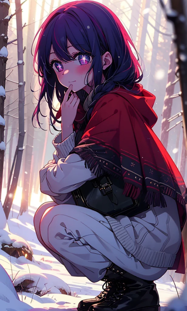 aihoshino, Ai Hoshino, Long Hair, bangs, (Purple eyes:1.1), Purple Hair, (Symbol-shaped pupil:1.5), smile,,smile,blush,White Breath,
Open your mouth,snow,Ground bonfire, Outdoor, boots, snowing, From the side, wood, suitcase, Cape, Blurred, , forest, White handbag, nature,  Squat, Mouth closed, Cape, winter, Written boundary depth, Black shoes, red Cape break looking at viewer, Upper Body, whole body, break Outdoor, forest, nature, break (masterpiece:1.2), Highest quality, High resolution, unity 8k wallpaper, (shape:0.8), (Beautiful and beautiful eyes:1.6), Highly detailed face, Perfect lighting, Extremely detailed CG, (Perfect hands, Perfect Anatomy),