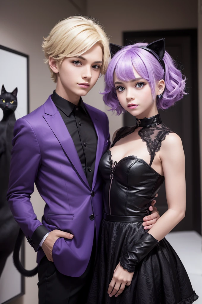 (work of art)of miraculous a boy with blonde hair dressed as a black cat and a girl with purple hair dressed as Joanina