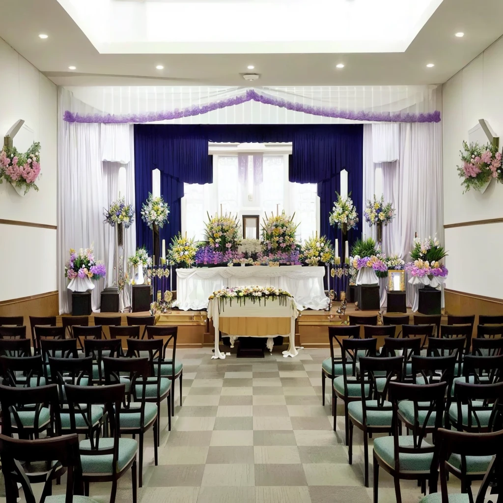 The room has many chairs with tables and flowers., Funeral, Beautiful images, in a large hall, A place to rest in peace, Comfortable and friendly, Decorated height, Beautiful high resolution, Heartbreaking, Indoor Settings, Breathtaking composition, walk in a Funeral procession, Whole room, Perfect in every detail, large hall, beautiful photo, A highly acclaimed masterpiece