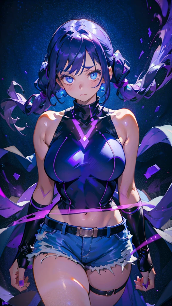 1girl, plus size, dark purple hair (long) (pigtails) (dark blue tips), lightly tan skin color, light blue eyes (glowing), wearing sleeveless turtleneck (blue), shorts ( black), stockings (long) (purple), cape (purple), purple smoke effect around body (glowing), absurdres, high res, ultra sharp, 8k, masterpiece, looking at viewer