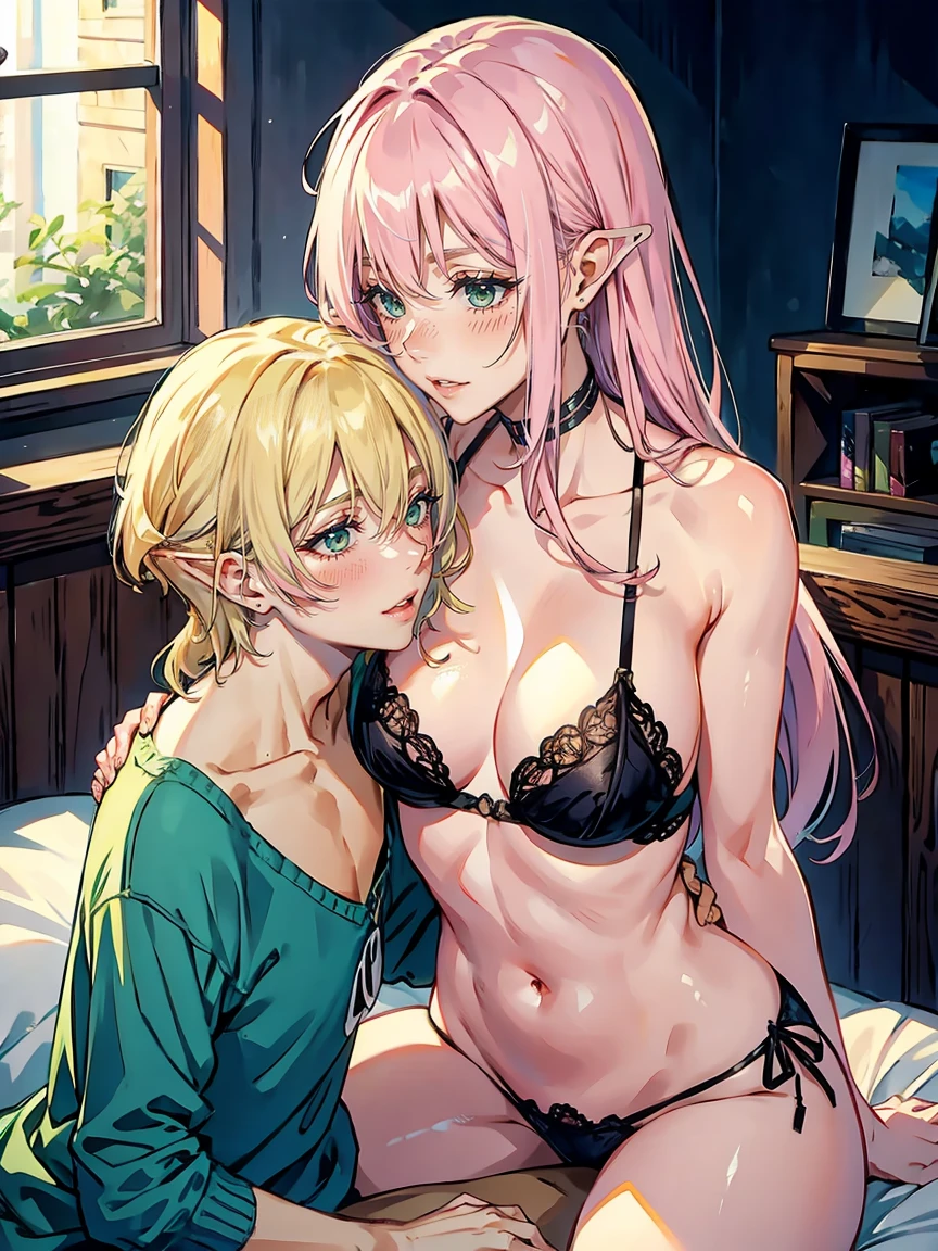 hANDSOME OLDER PINK HAIRED WOMAN HAVING SEX WITH A MALE OLDER MATURE BLONDE ELF WITH GREEN EYES AND LONGER HAIR, MAKING OUT, BLUSHING, GROPING, HAVING SEX