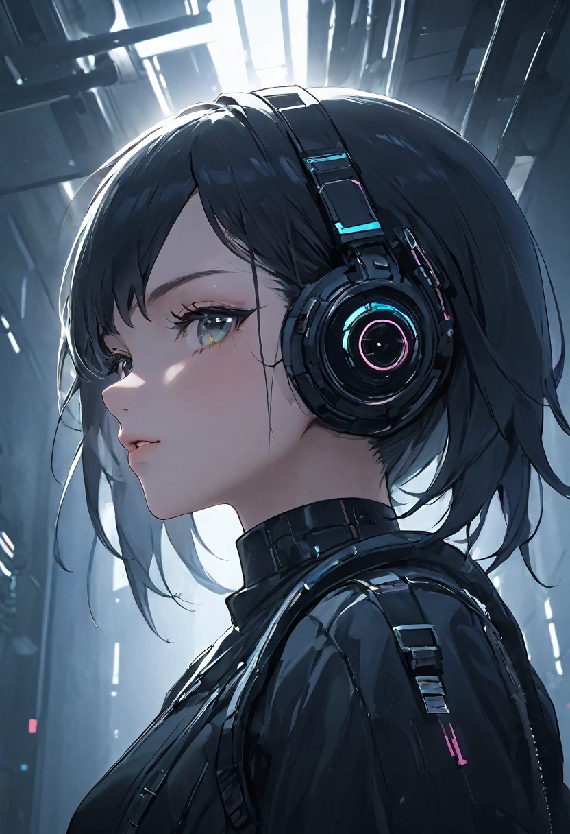 Turn your head and look up think , black color cyberpunk costume, masterpiece , sunshine , morning , badass , best quality, expressive eyes, perfect face , white girl