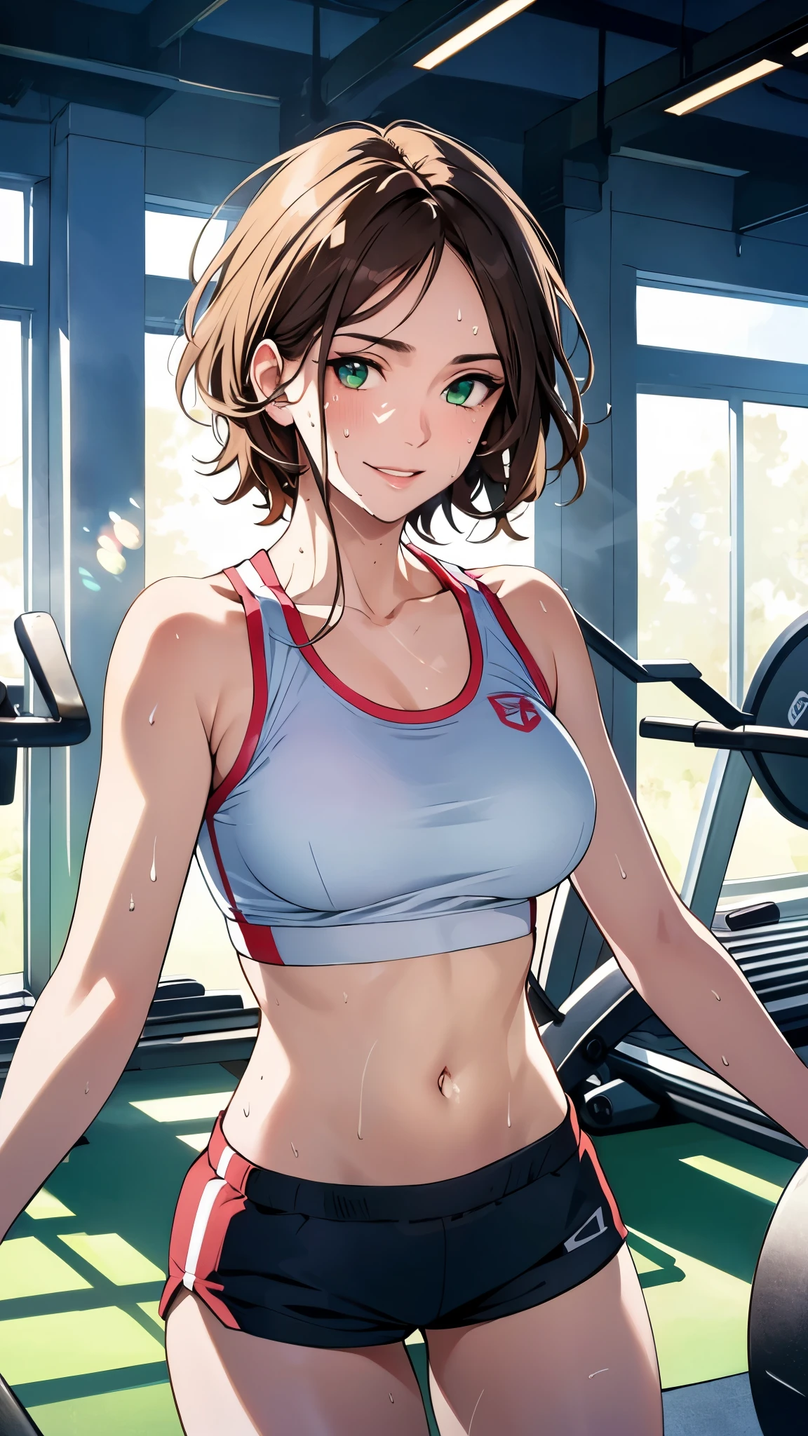 ((((masterpiece, best quality, high resolution)))), Extremely detailed 8K, 1 female, wearing a white crop top and black gym shorts, (Ultra HD, Ultra-detailed, Highly detailed, Highly realistic, Ultra-realistic, photograph realistic), (1girl:1.5), (Realistic green short hair), (dynamic poses), facing at camera, looking at viewer, (a smiling face), (regular hazel eyes, sharp eyes), (perky breasts:1.2), (beautiful detailed face, beautiful detailed eyes), ((slightly sweating)), (preparing for a workout), sweat, glow, (sunbeam, sunlight), ((cowboy shot)), gym background, seductive, EnvyBetterHands LoCon,