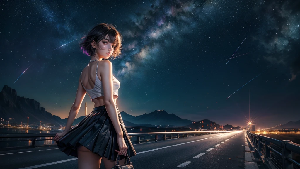 ((Masterpiece)), (best quality),, official art, Very detailed CG unity 8k wallpaper., Highly detailed, Shiny skin, depth of field, bright colors,, 1 girl, (curve:0.4), (full body:0.6),, short hair, smooth, conjunctivitis, skirt, look at viewer, nighttime, road, neon, Looking back, star (sky), crowd, upper body,