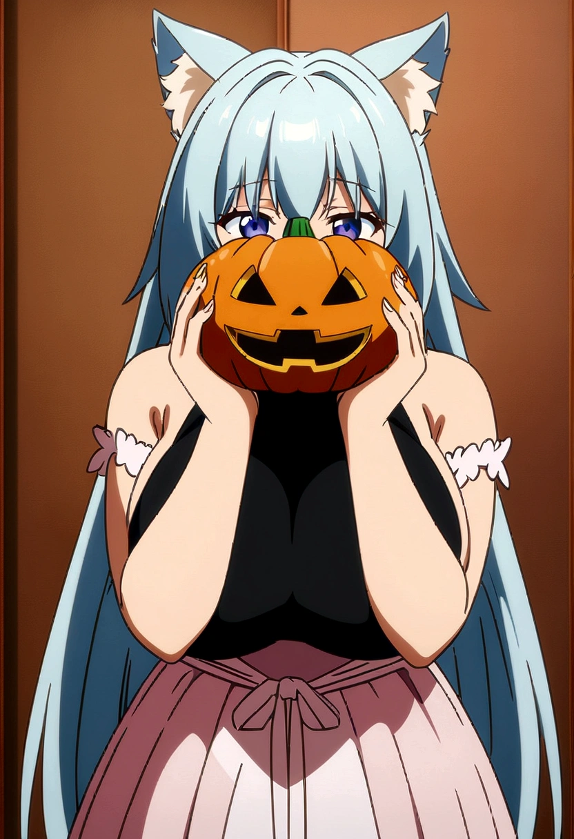one holding a pumpkin in front of her face, 8K anime art wallpaper, 4K anime art wallpaper, 4k anime art wallpaper, 4K anime-style, anime wallpaper 4k, anime wallpaper 4k, anime wallpaper 4k, 4k manga wallpaper, cute anime catgirl, cute anime cat girl, girl with huge breasts 