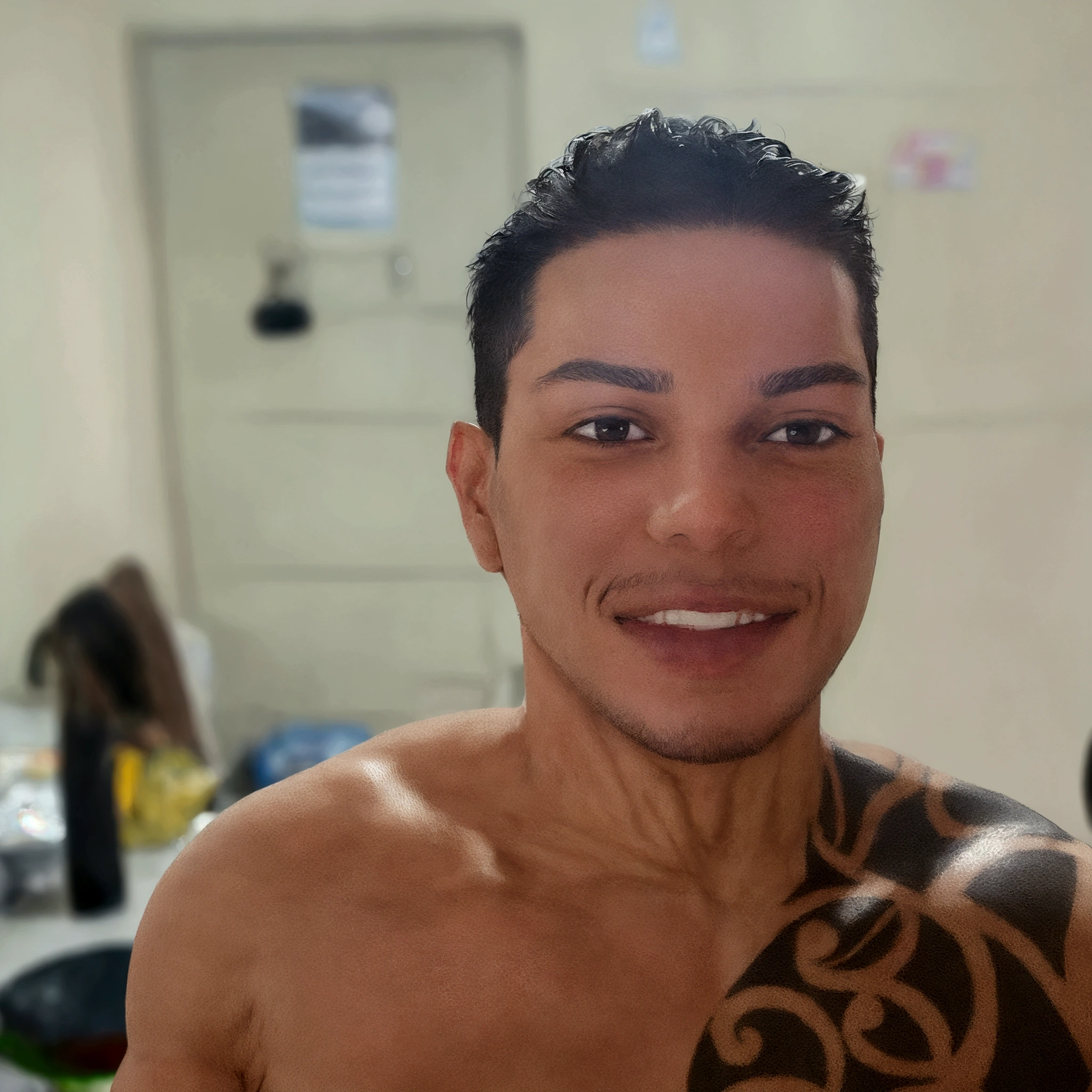 male character, Bblack hair, shirtless with tattoo, Grinning,  nblurry background.