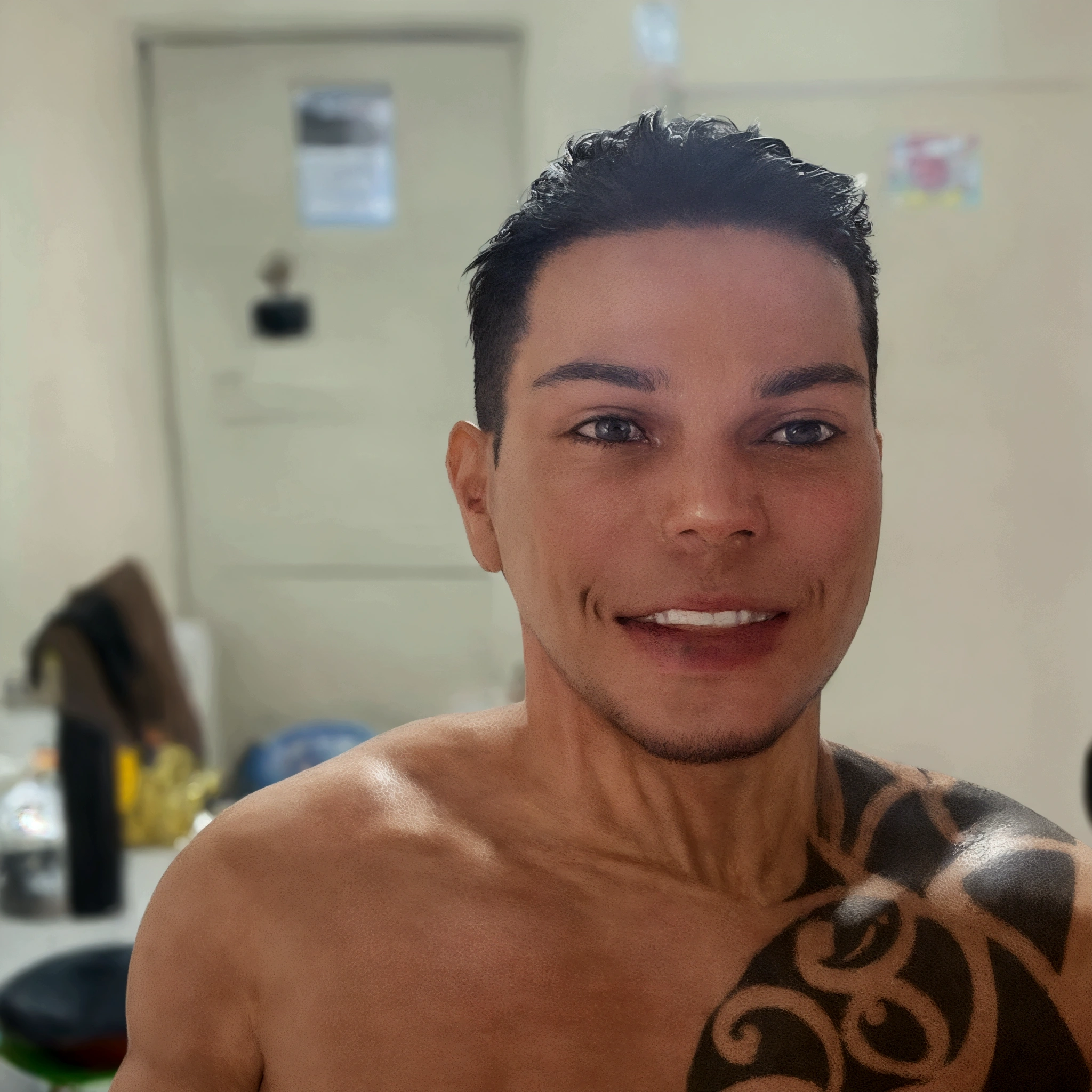 male character, Bblack hair, shirtless with tattoo, Grinning, nblurry background.