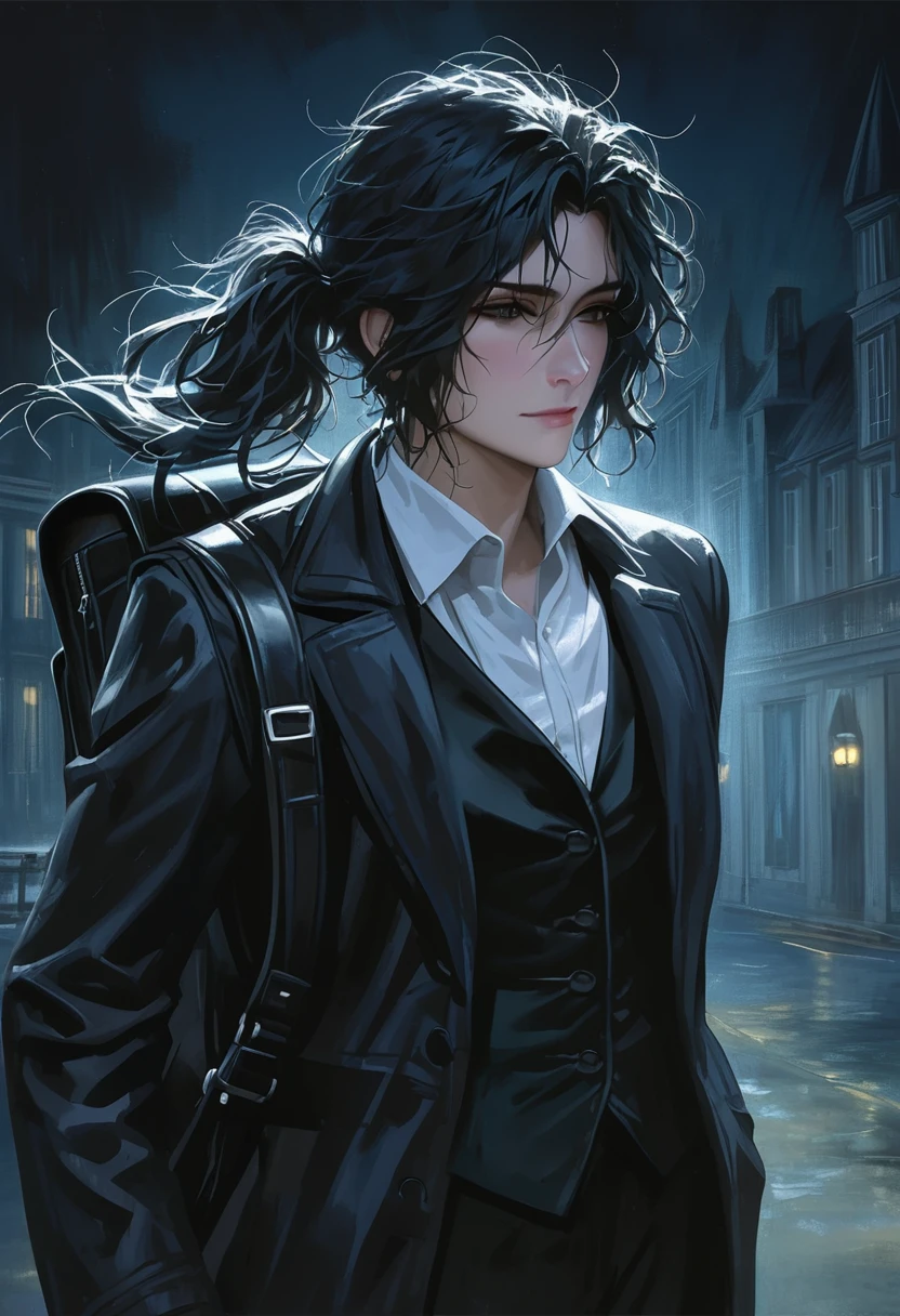 ((adult)), (woman), ((tall)), Ryoshu from Limbus company , masterpiece, best quality, dark aura, black hair, ((pony tail hair)), (messy hair) , ringed dark eyes, plain white shirt, white shirt, black vest, coat, black pants, carrying a robust leather bagpack, (faint smile), realistic anime style, (oil painting), dark old manor background, night, impasto.