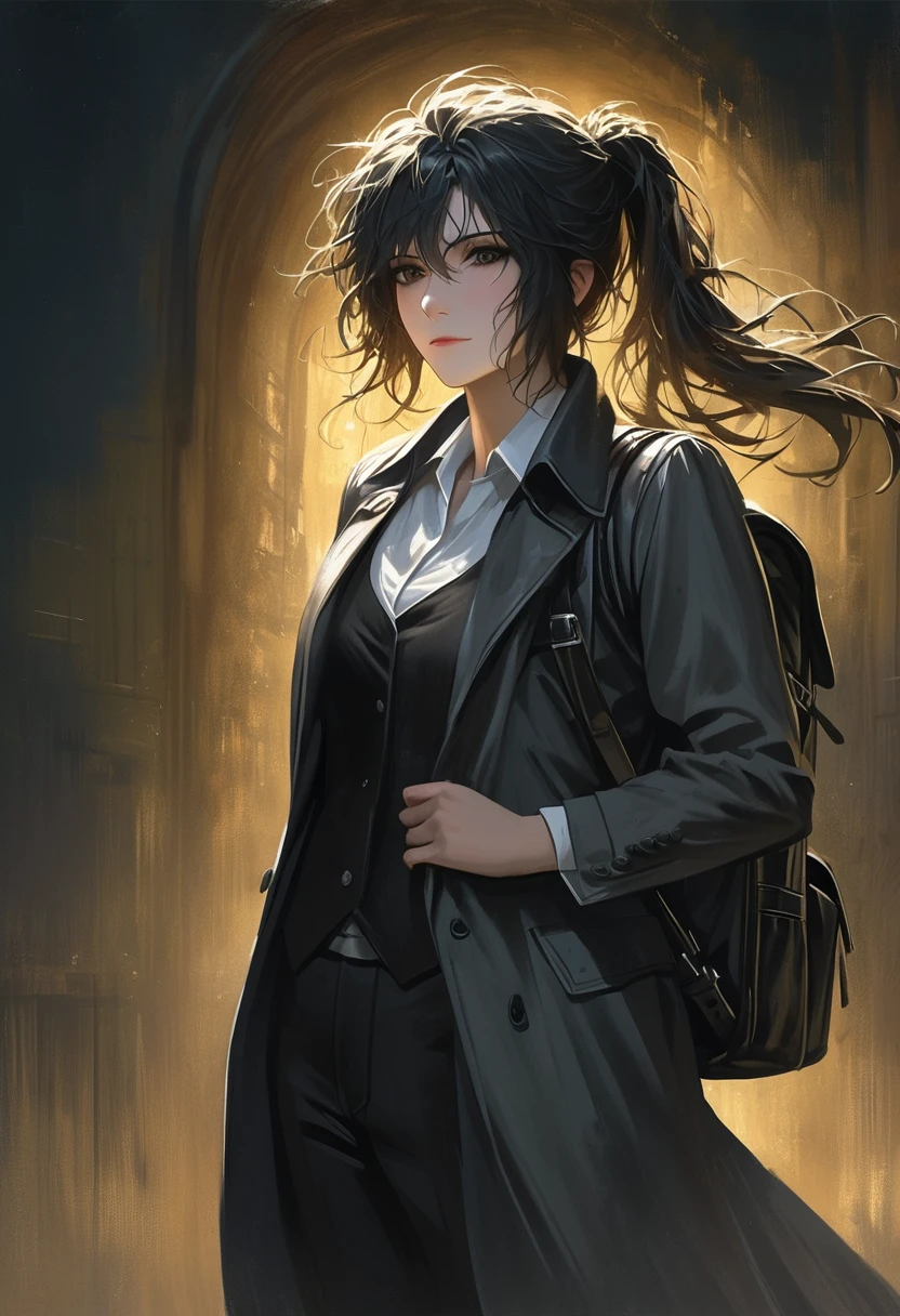 ((adult)), (woman), ((tall)), Ryoshu from Limbus company , masterpiece, best quality, dark aura, black hair, ((pony tail hair)), (messy hair) , ringed dark eyes, plain white shirt, white shirt, black vest, coat, black pants, carrying a robust leather bagpack, (faint smile), realistic anime style, (oil painting), dark old manor background, night, impasto.