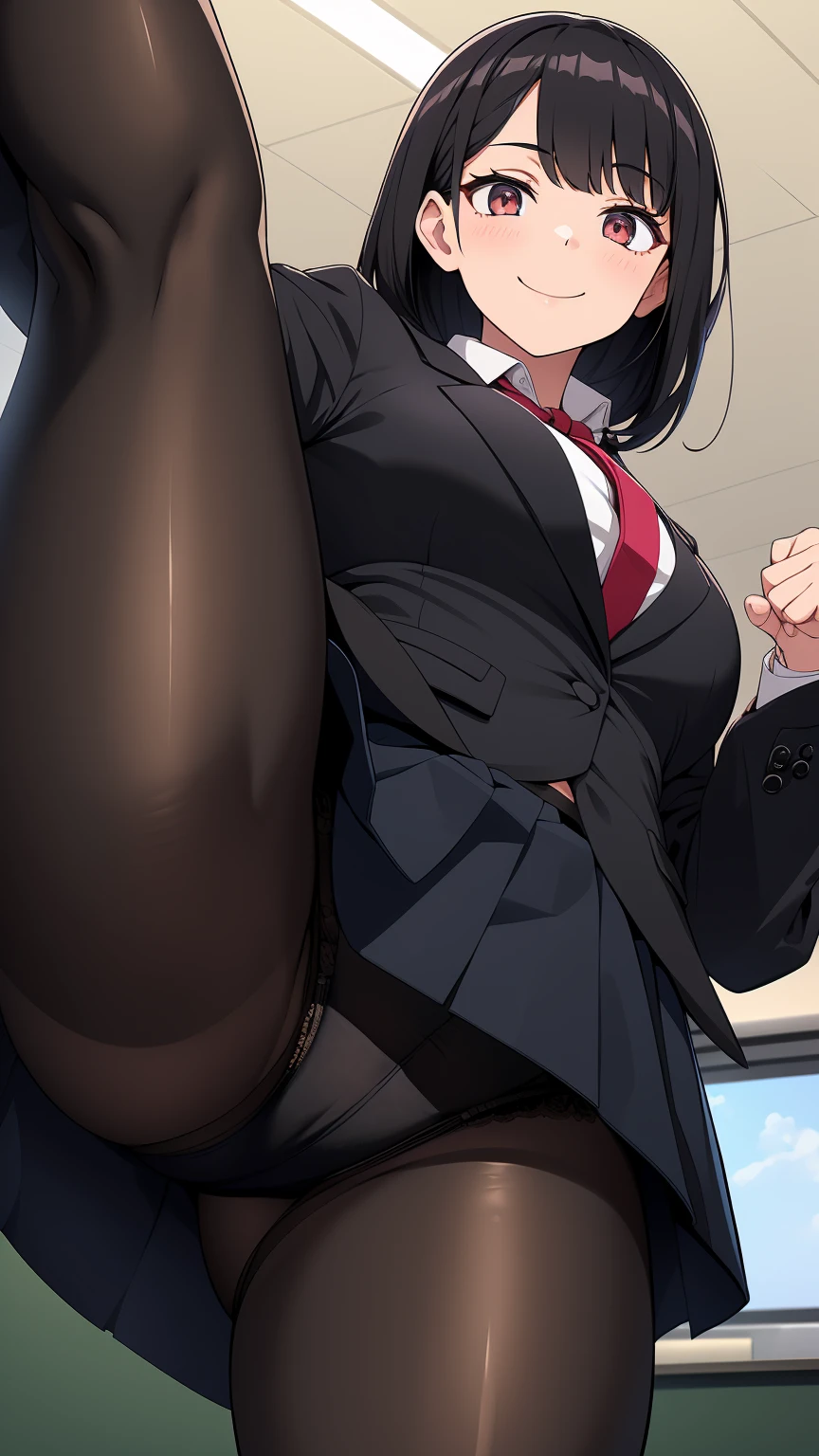 One Girl, Five Fingers, mini skirt, Looking down at the viewer, Black Hairロングヘアー, Highest quality, Focus on the thighs, Dynamic pose, smile, blazer, blouse, Beige pantyhose, panties under pantyhose, Standing Split, classroom, Black Hair, Stylish pose,My thighs and groin are steamy 、Crowd