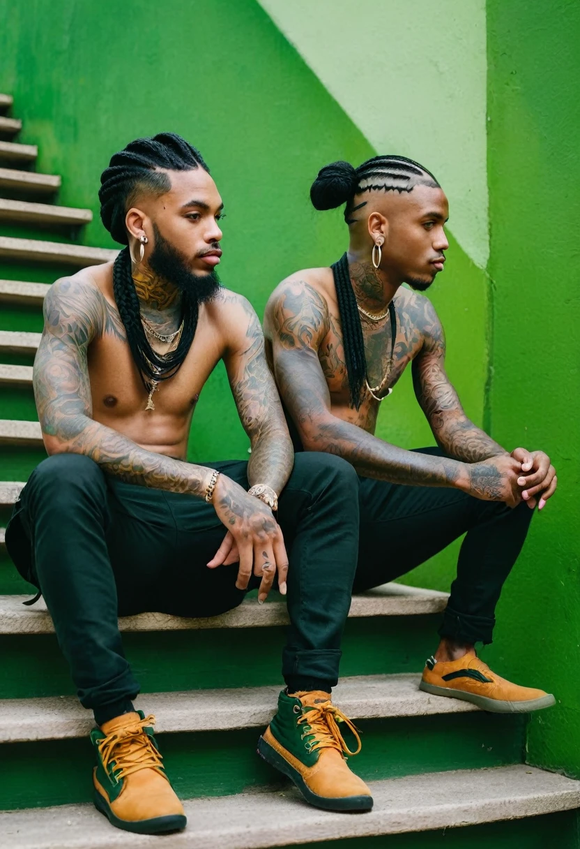 shirtless black men. sitting on a staircase with tattoos on their bodies, earrings in their ears. braided hair. green background seine