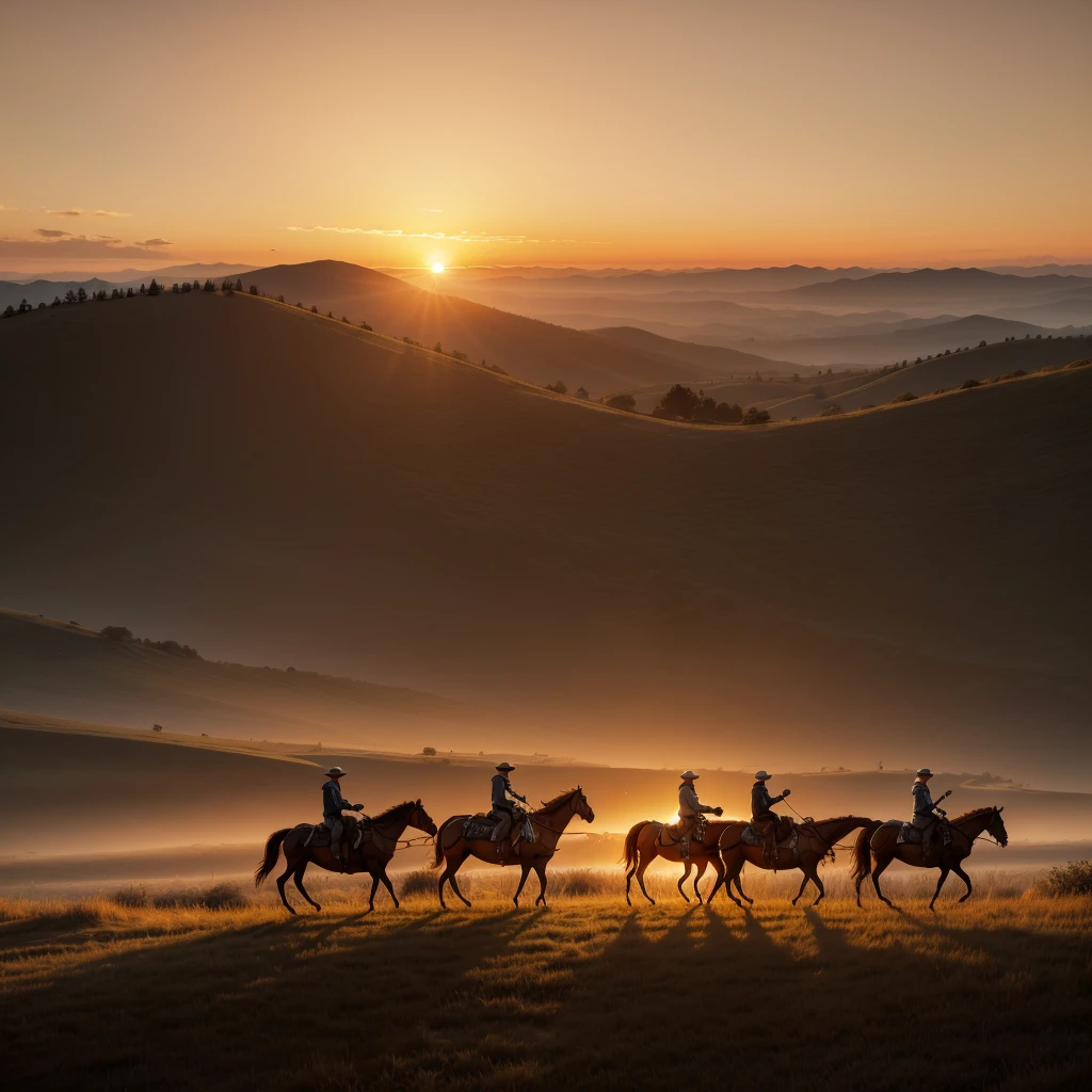 Create an image of an orange sunset on a hill, with 3 cowboys with horses riding on the hill. Highlight the sunset and darken the cowboys