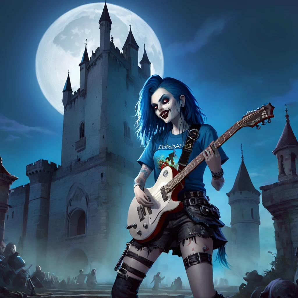 Rocker playing a guitar with a t-shirt with the name "FERNANDA" on it. For a group of ZOMBIES, in the background a Gothic Renaissance castle with a full moon all in bright blue With an "APOLIPTIC DARK" style