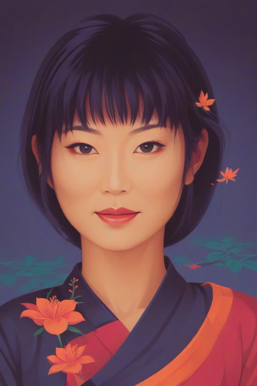 concept poster a 30 years jAPANESE WOman, full body portrait at amazon lily . digital artwork by tom whalen, bold lines, vibrant, saturated colors, detailed face,ceo