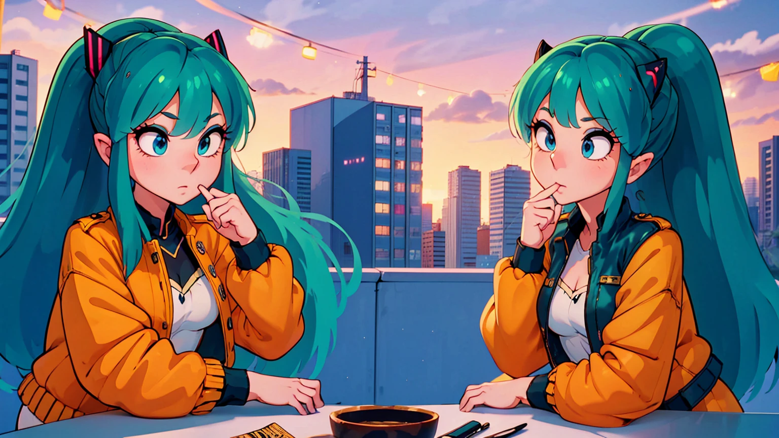 hatsune miku, AQUA EYES, AQUA HAIR, TWINTAILS, LONG HAIR, yellow shirt, Brazil shirt, short jeans, Brazil, Rio de Janeiro. sitting on a chair, table with tacacá, eating tacacá.