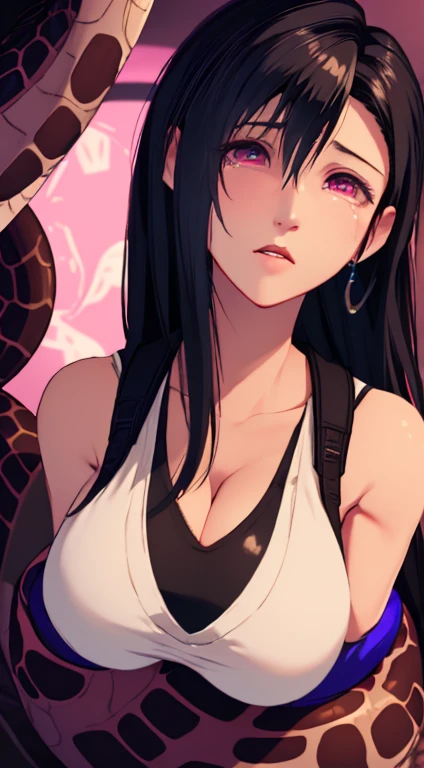 masterpiece, best quality, illustration, highly detailed, Tifa Lockhart, length hair, floating hair, messy hair, unique hair detailed, large breasts, breasts out, beautiful detailed eyes, cleavage, snake, (coiled), snake scales detailed, restrained, scared face, crying, nude, 