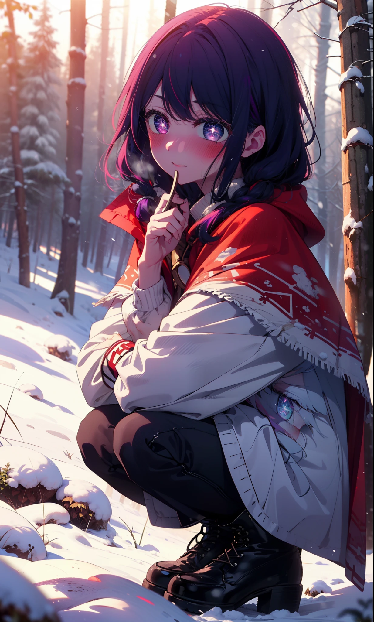 aihoshino, Ai Hoshino, Long Hair, bangs, (Purple eyes:1.1), Purple Hair, (Symbol-shaped pupil:1.5), smile,,smile,blush,White Breath,
Open your mouth,snow,Ground bonfire, Outdoor, boots, snowing, From the side, wood, suitcase, Cape, Blurred, , forest, White handbag, nature,  Squat, Mouth closed, Cape, winter, Written boundary depth, Black shoes, red Cape break looking at viewer, Upper Body, whole body, break Outdoor, forest, nature, break (masterpiece:1.2), Highest quality, High resolution, unity 8k wallpaper, (shape:0.8), (Beautiful and beautiful eyes:1.6), Highly detailed face, Perfect lighting, Extremely detailed CG, (Perfect hands, Perfect Anatomy),
