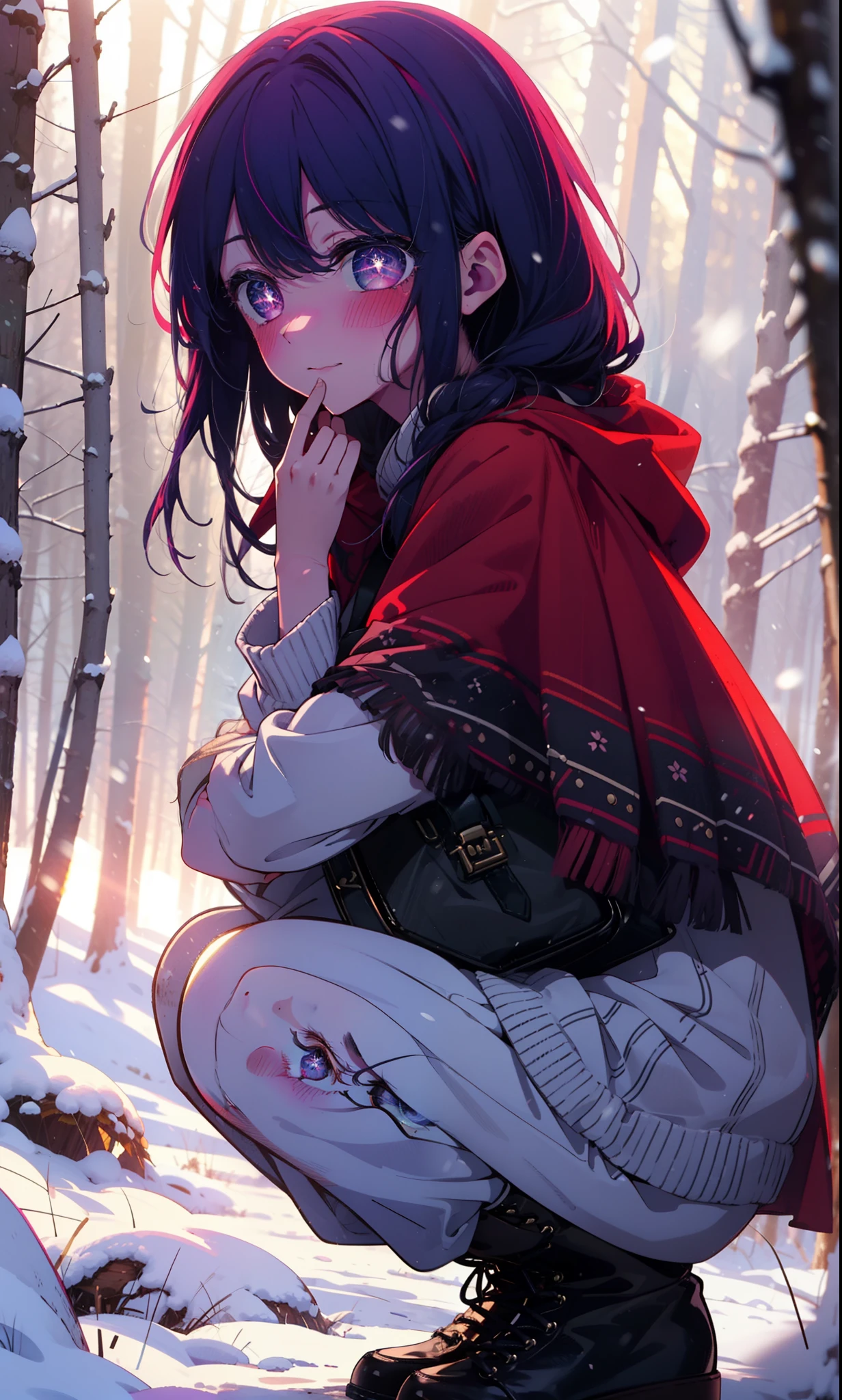 aihoshino, Ai Hoshino, Long Hair, bangs, (Purple eyes:1.1), Purple Hair, (Symbol-shaped pupil:1.5), smile,,smile,blush,White Breath,
Open your mouth,snow,Ground bonfire, Outdoor, boots, snowing, From the side, wood, suitcase, Cape, Blurred, , forest, White handbag, nature, Squat, Mouth closed, Cape, winter, Written boundary depth, Black shoes, red Cape break looking at viewer, Upper Body, whole body, break Outdoor, forest, nature, break (masterpiece:1.2), Highest quality, High resolution, unity 8k wallpaper, (shape:0.8), (Beautiful and beautiful eyes:1.6), Highly detailed face, Perfect lighting, Extremely detailed CG, (Perfect hands, Perfect Anatomy),