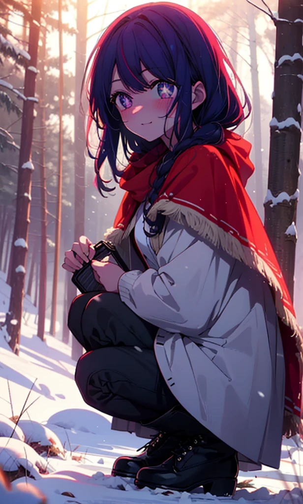 aihoshino, Ai Hoshino, Long Hair, bangs, (Purple eyes:1.1), Purple Hair, (Symbol-shaped pupil:1.5), smile,,smile,blush,White Breath,
Open your mouth,snow,Ground bonfire, Outdoor, boots, snowing, From the side, wood, suitcase, Cape, Blurred, , forest, White handbag, nature, Squat, Mouth closed, Cape, winter, Written boundary depth, Black shoes, red Cape break looking at viewer, Upper Body, whole body, break Outdoor, forest, nature, break (masterpiece:1.2), Highest quality, High resolution, unity 8k wallpaper, (shape:0.8), (Beautiful and beautiful eyes:1.6), Highly detailed face, Perfect lighting, Extremely detailed CG, (Perfect hands, Perfect Anatomy),