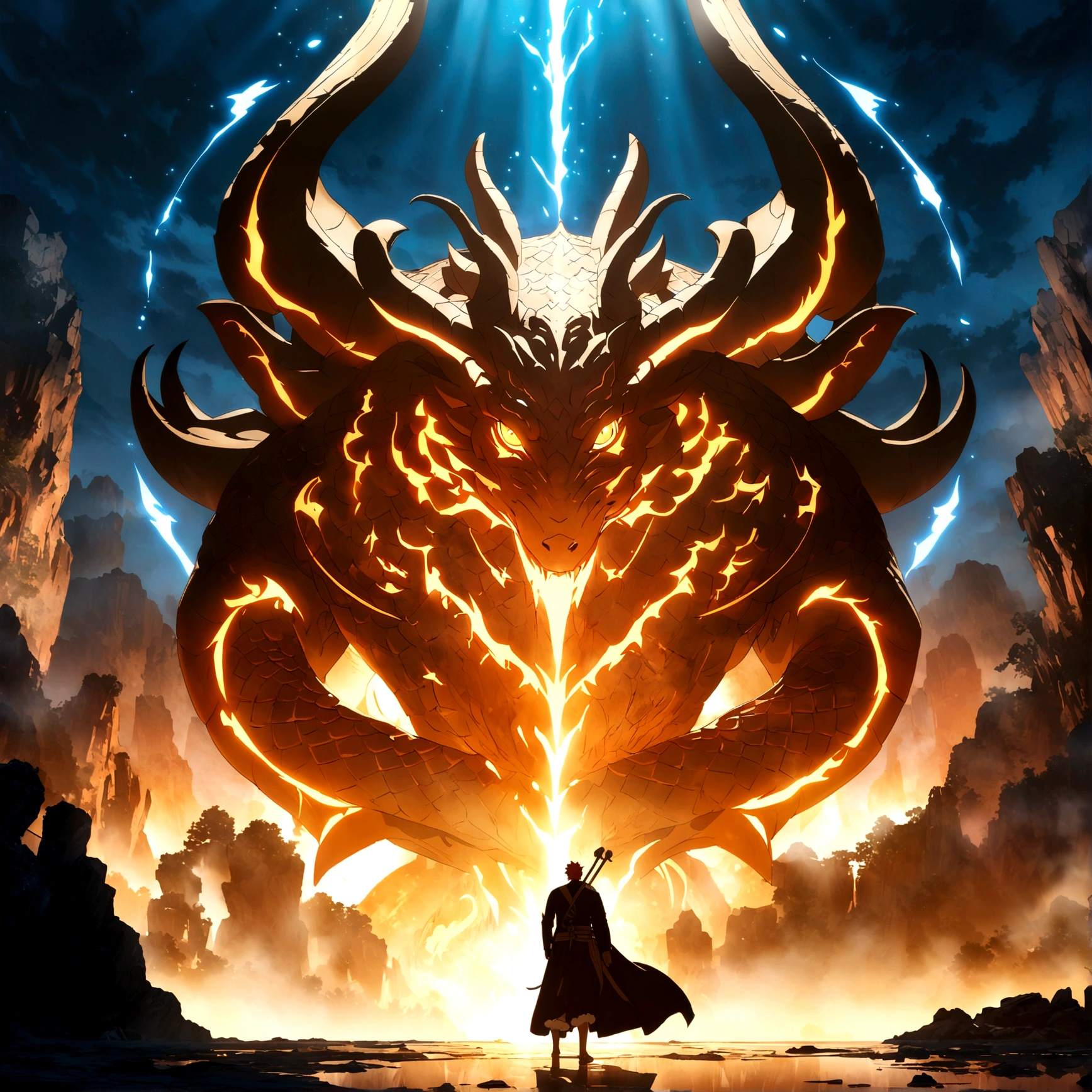Muscular man, brown skin, orange hair with blue gradient, orange eyes, dragon tattoos on the body, dragon-shaped earring, open robe with dragons drawn on it, arrogant expression, "One Piece-inspired features, full of dramatic and incredible lighting, dramatic lighting, infused with creative details, ultra-fine 2D design, scenery bathed in creativity, bathed in creativity, boasting HD anime resolution clarity, HD anime graphics, high-octane rendering"