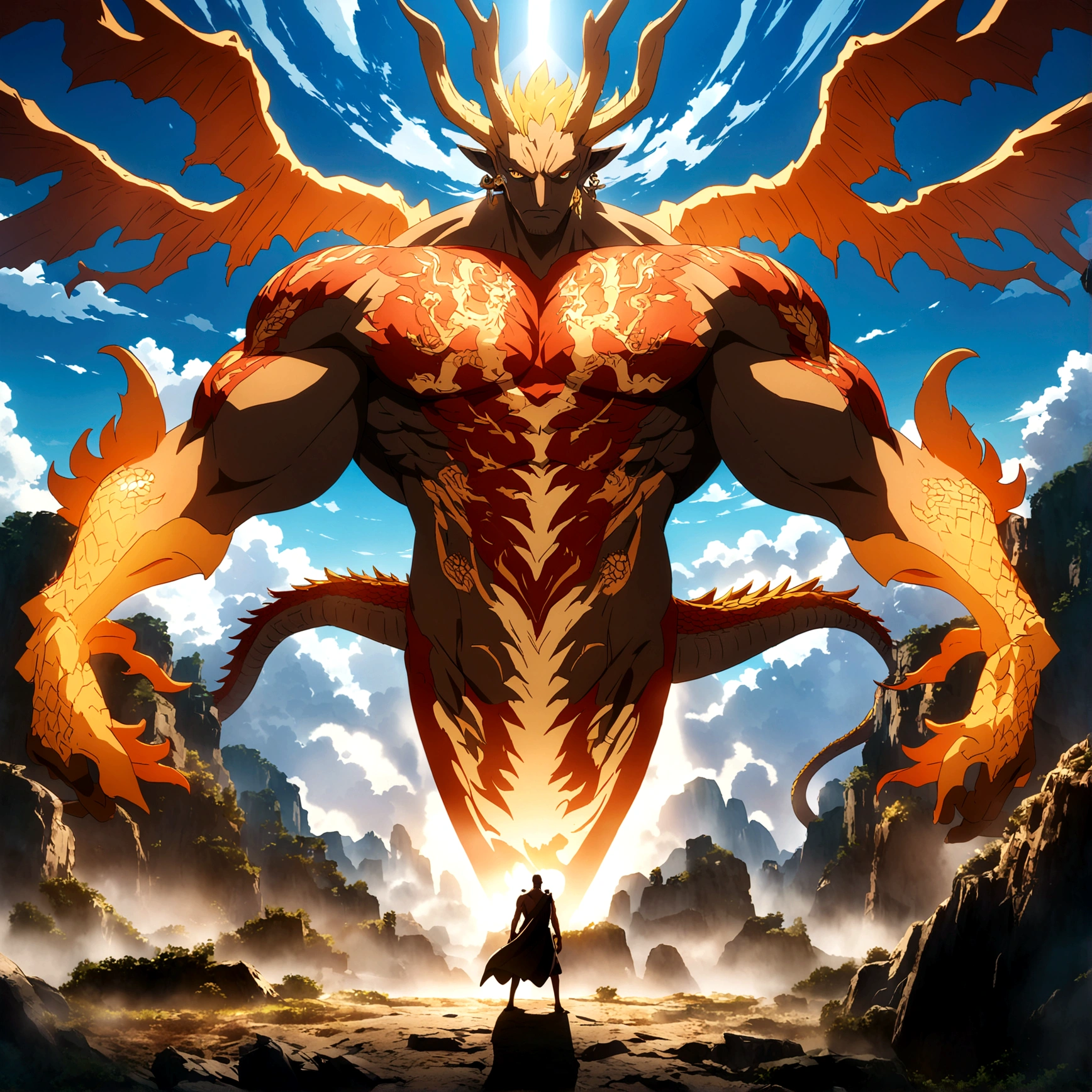 man, muscular body, brown skin, orange hair, orange eyes, dragon tattoos on the body, dragon-shaped earring, open coat with dragons drawn on it, arrogant expression, "One Piece-inspired features, full of dramatic and incredible lighting, dramatic lighting, infused with creative details, ultra-fine 2D design, scenery bathed in creativity, boasting HD anime resolution clarity, HD anime graphics, high-octane rendering"