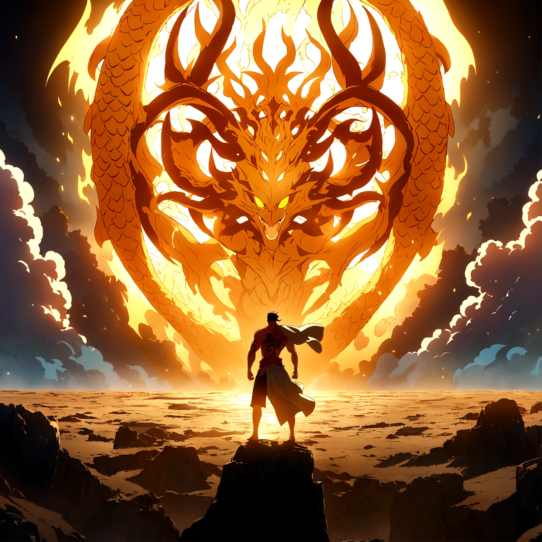 Muscular man, brown skin, orange hair with blue gradient, orange eyes, dragon tattoos on the body, dragon-shaped earring, open robe with dragons drawn on it, arrogant expression, "One Piece-inspired features, full of dramatic and incredible lighting, dramatic lighting, infused with creative details, ultra-fine 2D design, scenery bathed in creativity, bathed in creativity, boasting HD anime resolution clarity, HD anime graphics, high-octane rendering"