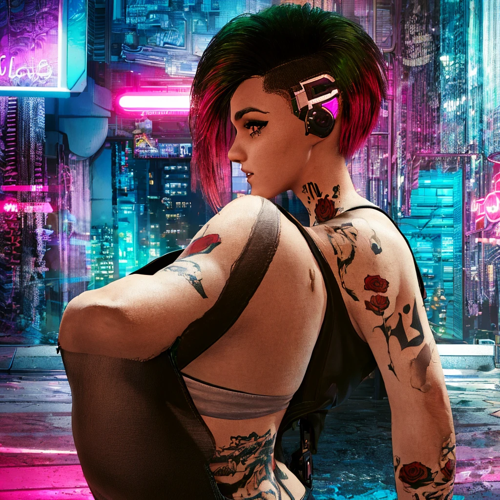 Here is a midjourney AI art prompt for Judy Álvarez in an anime cartoon style:
Judy Álvarez, a skilled braindance techie with black and white hair, wearing a black tank top, leather jacket, and shorts. She has tattoos on her arms and a determined expression. Judy is standing in front of a neon-lit Night City backdrop, with her signature braindance headset on. The art style is a vibrant anime-inspired cartoon, with sharp lines, bold colors, and a high level of detail. The resolution is 8K, resulting in an ultra-sharp, masterpiece-quality image that captures Judy's complex personality and the gritty, neon-soaked atmosphere of Night City.
