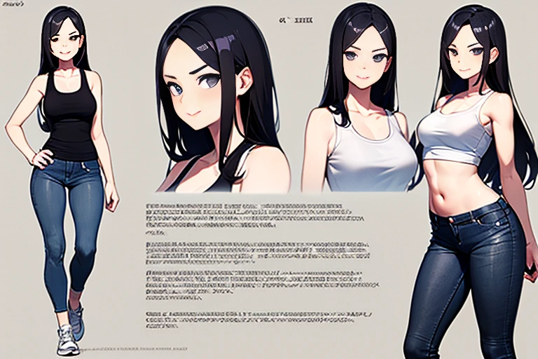 Highest quality, Detailed face, Character Sheet,(((young woman:1.5))), ((whole body:1.2)), Full of details, multiple postures and expressions, Very detailed, depth, 1 young woman,  (Long black hair, Grey sexy eyes, Straight hair, White tank top, Slender figure,Medium chest, slim black jeans, White Running Shoes, Rocker Style, Sexy smile and pose,