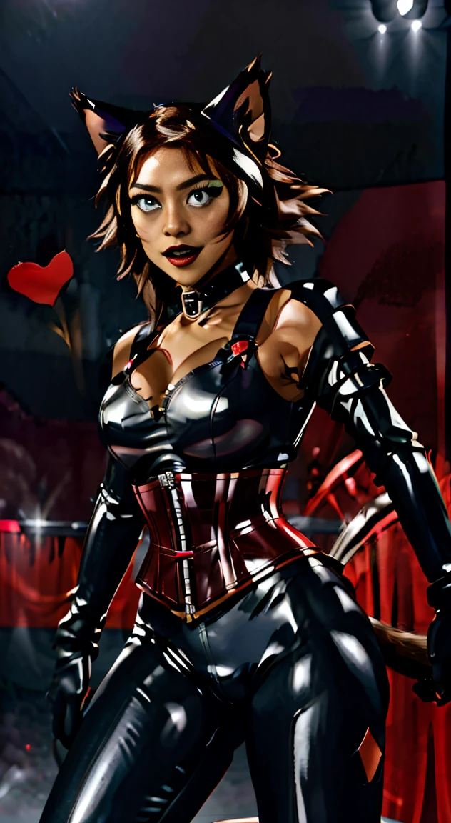 (Best quality, 4k, 8k, Ultra HD, High resolution, masterpiece:1.2), Catra as Mettaton, full spandex/latex attire (reds and blacks), neon lights, flawless makeup, happy singing pose, cat ears, fierce expression, long hair, simple greyscale background, sleek design, captivating stage presence, captivating red lipstick, confident stance, fashion model, anime glasses, anime tinted red shades, black latex pants, black latex corset, holding a large stage microphone, performance microphone, black microphone, singing stance, extremely tight corset, red bow tie around neck, medium nougat-skin color, heart-shaped silver belt buckle, long slick cat tail, thick armored metal belt, heart on armored red chestplate, long hair, brown hair, heavily armored black cuirass, chest encased in armor, black turtleneck armored, wide hips, brown hair, thick flowing brown hair,black undersuit, white mascot gloves, cuffed gloves
