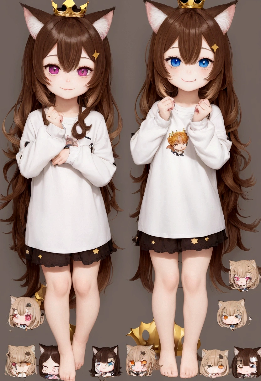 Super detailed、(Whole body - 1.2), 1 Chibi boy, Lovely, Smile, shirt,streaked hair, brown hair, hair between eyes, crown, mismatched pupils, star-shaped pupils, heterochromia, cat ears, food on face, shy, character chart