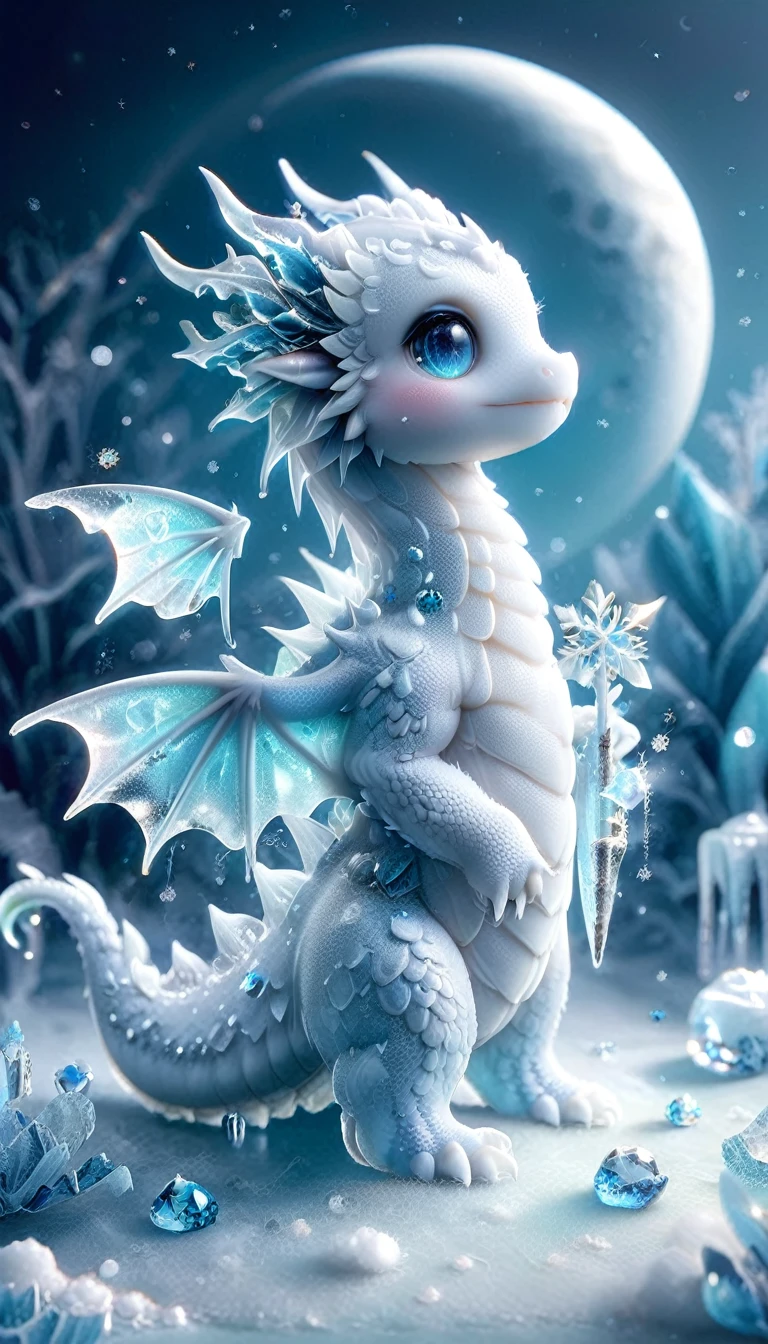 absurdres, highres, ultra detailed, HDR, master piece, best quality, small white dragon, cute, solo, magic, ice flowers, snowflakes, ice, magical, fantasy, glass, ice moon, starry sky, ice style