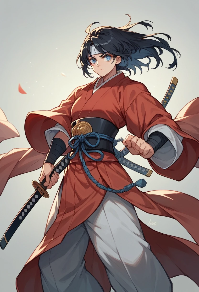 red samurai armor, tall, adult, blue eyes, long black hair, very big tits, long katana, samurai anime girl, 8K
