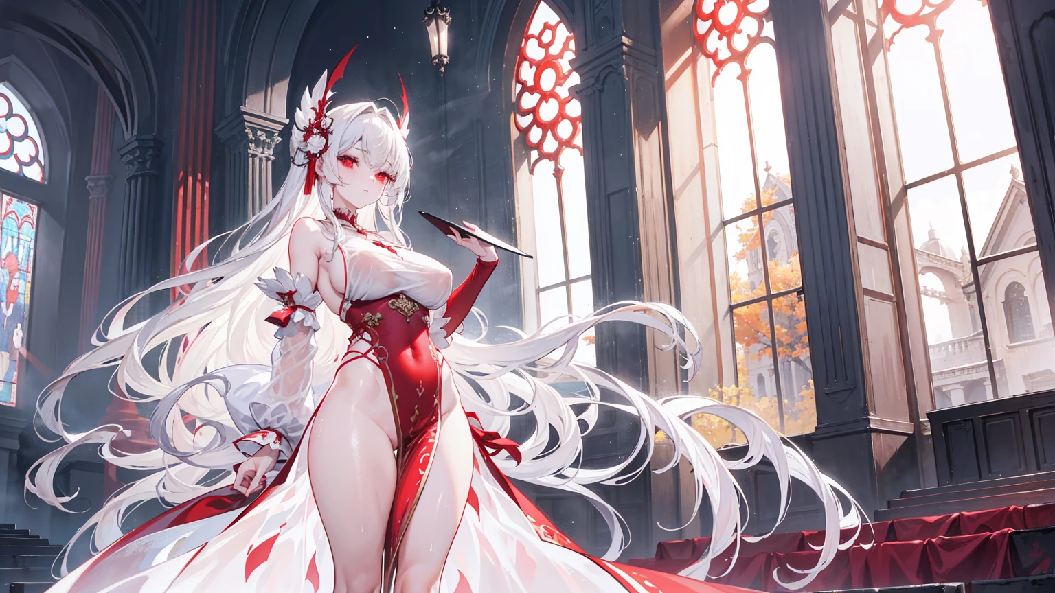 Long white hair,Red eyes,Sexy Sheer Colonial Dress, Perfect body, Clear chest, Well-defined collarbone, Surreal, lifelike, detailed, Perky transparent nipples, Wet clothes(whole body:1.1),cross,Holy,best quality,Large Breasts,Big Ass,No underwear。Gorgeous church background with extreme details