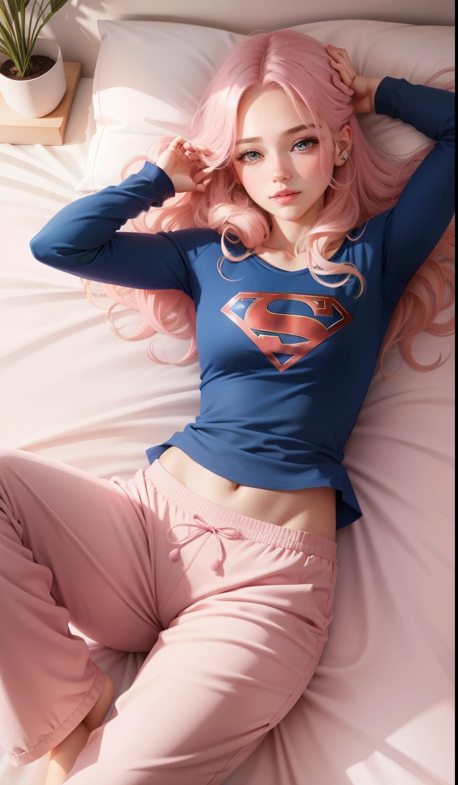 Supergirl dormindo, 22 years old, realisitic, he's in long pants, She's in pink pajamas, hair blonde.