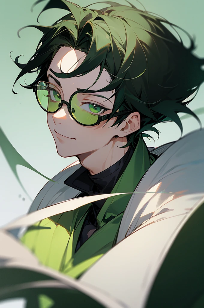 (masterpiece, best quality, perfect face, expressive eyes), 1boy, (anime), (male), (adult), (black hair), green gradient hair, green eyes, black jacket, (green tainted glasses), black gloves. upper body, smiling face, camera points towards them, sunshine on the person