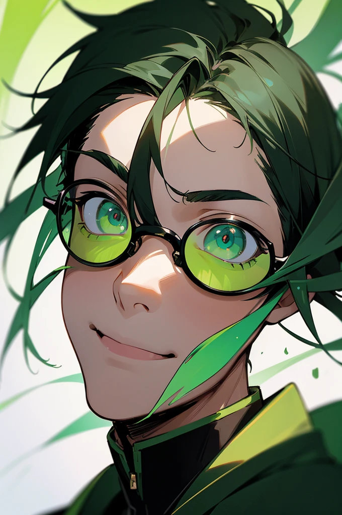(masterpiece, best quality, perfect face, expressive eyes), 1boy, (anime), (male), (adult), (black hair), green gradient hair, green eyes, black jacket, (green tainted glasses), black gloves. upper body, smiling face, camera points towards them, sunshine on the person