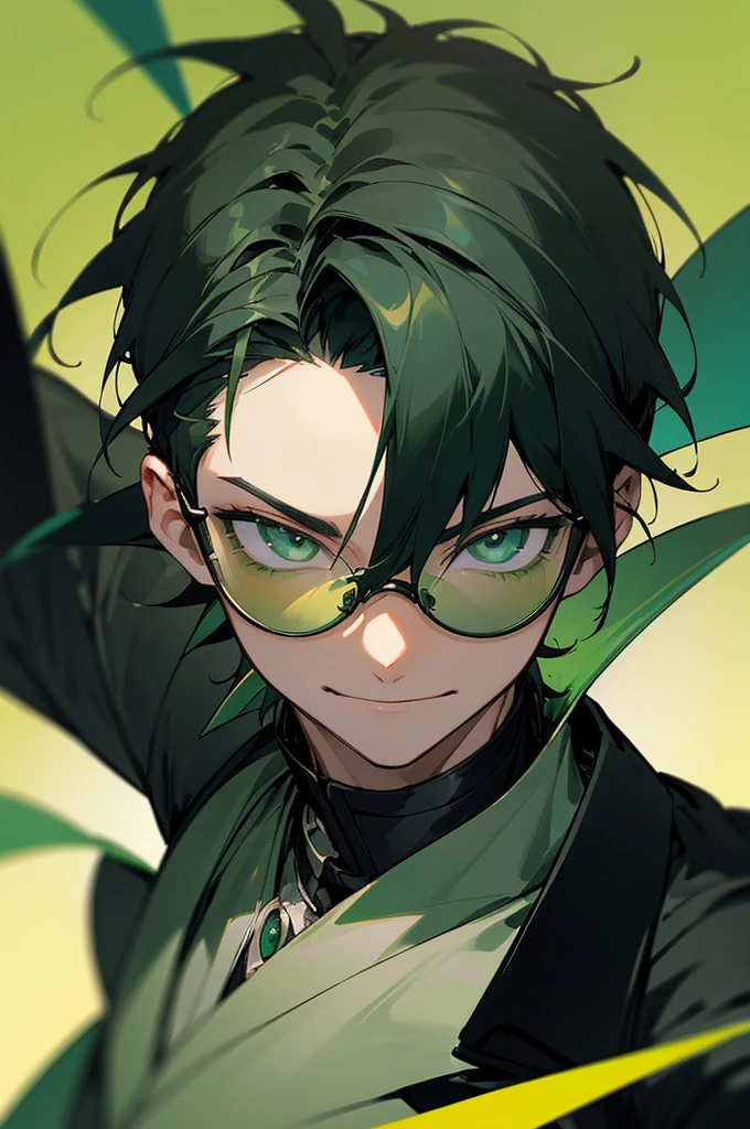 (masterpiece, best quality, perfect face, expressive eyes), 1boy, (anime), (male), (adult), (black hair), green gradient hair, green eyes, black jacket, (green tainted glasses), black gloves. upper body, smiling face, camera points towards them, sunshine on the person