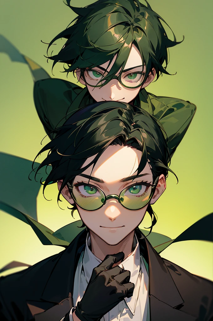 (masterpiece, best quality, perfect face, expressive eyes), 1boy, (anime), (male), (adult), (black hair), green gradient hair, green eyes, black jacket, (green tainted glasses), black gloves. upper body, smiling face, camera points towards them, sunshine on the person