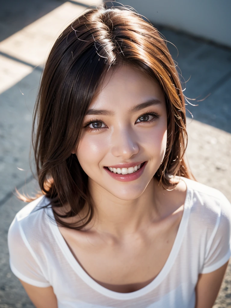 highest quality、8k、32K、Masseter muscle part、nffsw:1.3)、cute japanese girl、1 girl、long hair、profile、(crack your abs、slim body shape:1.2)、(lips) 、smiling showing teeth,（orange hair）、double eyelid、shiny skin、realistic rays of light、big、beautiful face、(laughter:1.3)、squat、(From above:1.2)、(Close-up:1.4)、coastal、white t-shirt、blurred background、(front focus)、(dark: 1.6)、fantasy art、photo realistic、professional lighting、highly detailed face、award-winning、deep shadow、((Ultra-realistic raw photos)),fine eyes,Eyes like the real thing,fine hair,