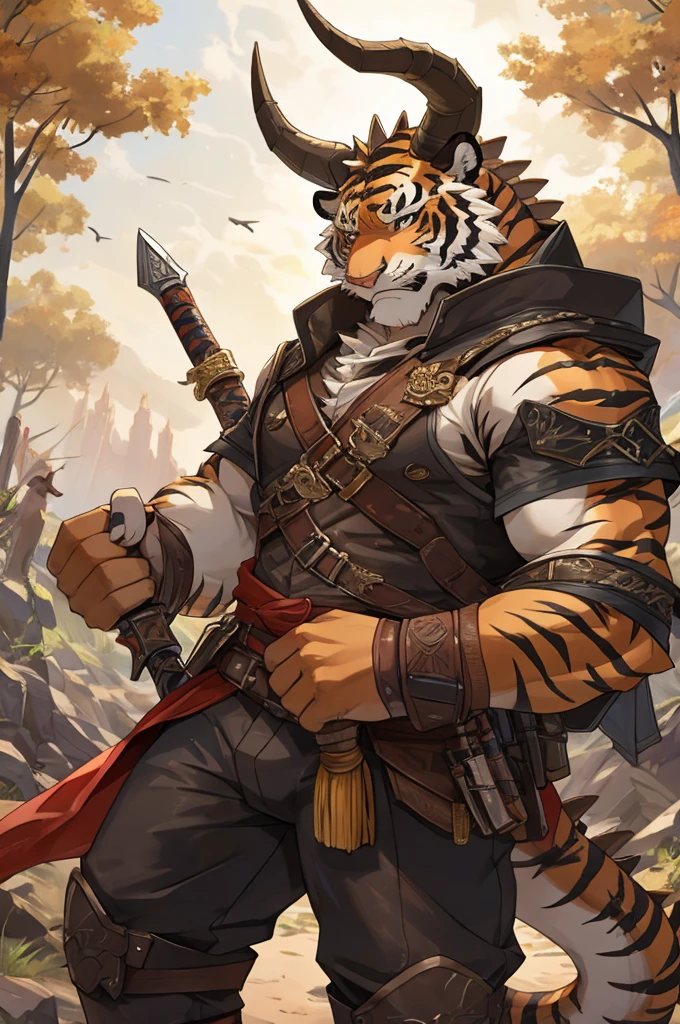 tiger,Wood color,horn,scales,background red,brandishing a weapon,Detailed character details