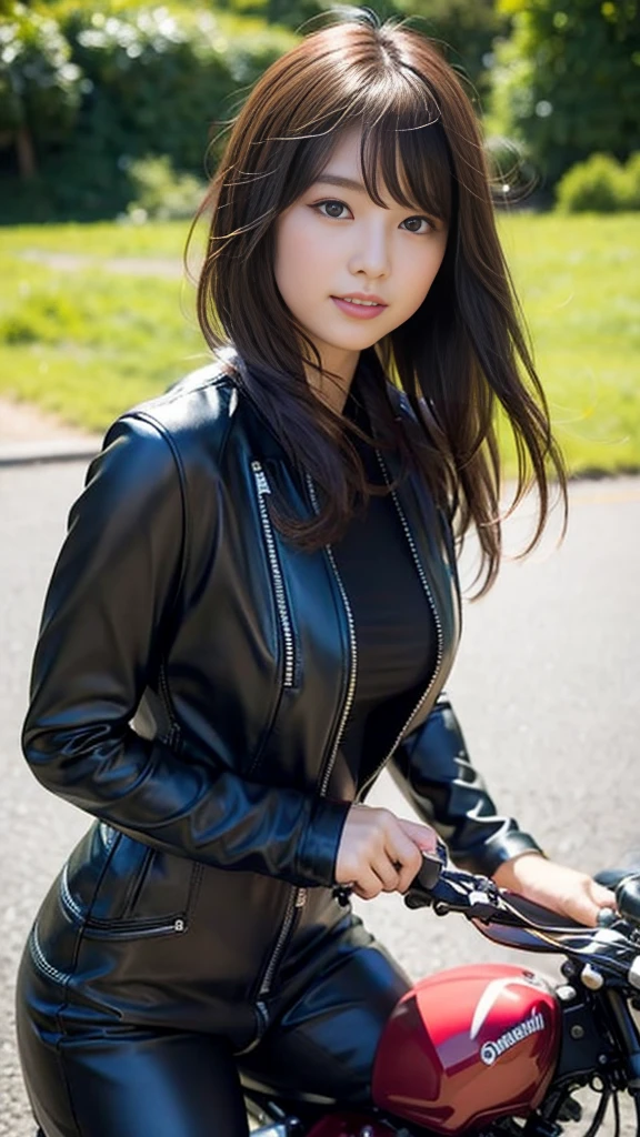 Close-up of a cute Japanese girl riding a motorcycle,Wearing pink leather jumpsuit、KAWASAKI Bikes、