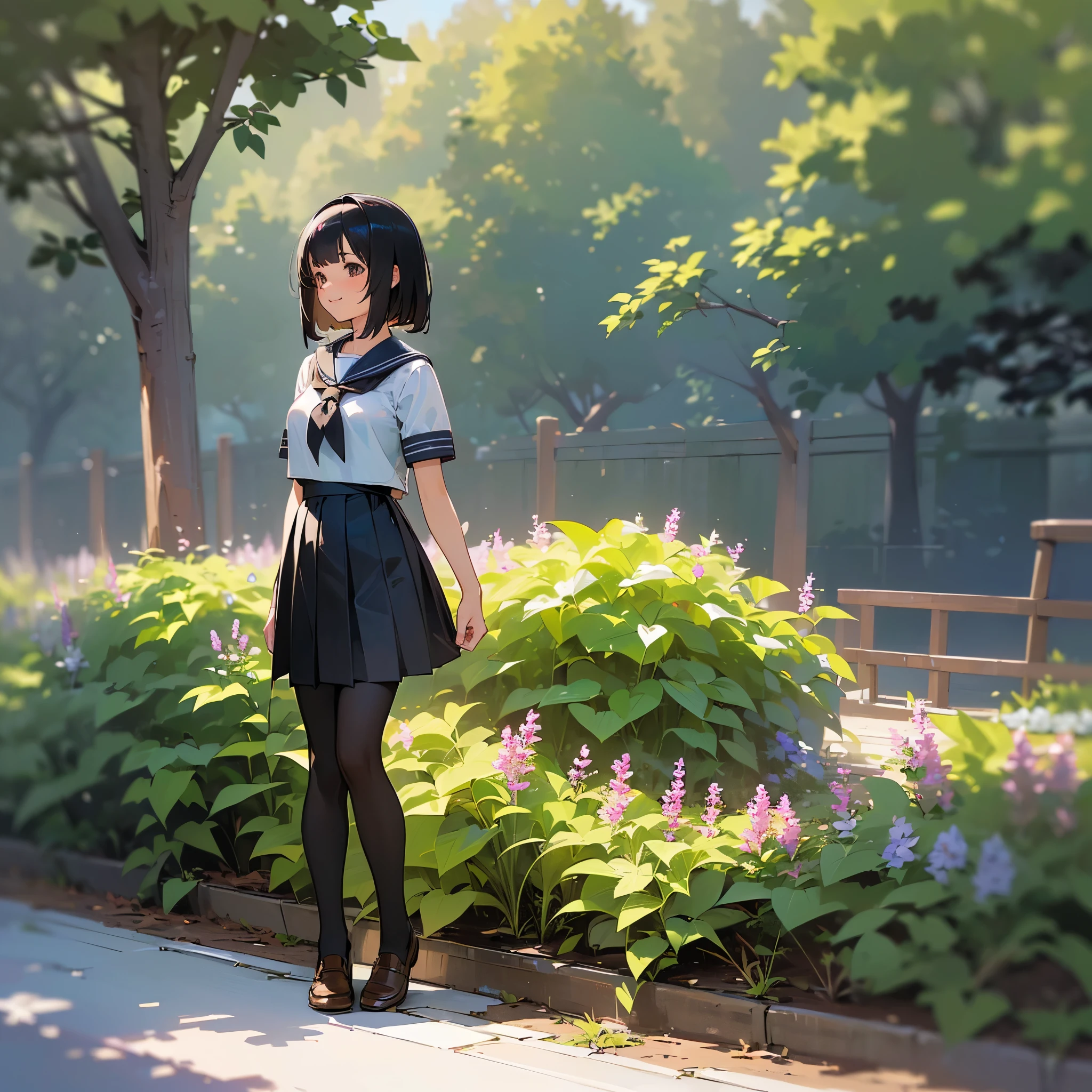 (Highest quality, High resolution, Super detailed, Realistic:1.37), Peaceful atmosphere, (Outdoor, garden), Teenage girl standing alone,(my breasts are big.),Beautifully detailed features, Cute Smile, ((Black bob hair)),Short-sleeved sailor uniform, Pleated skirt,Black tights,Brown leather shoes.
