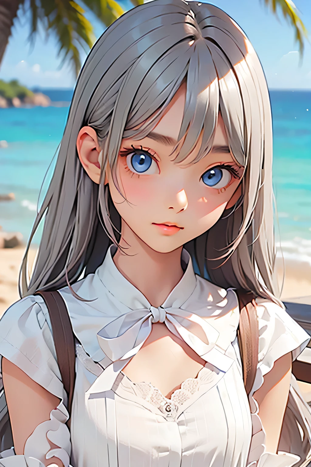 highest quality、Realistic、girl、Silver Hair、Light blue eyes、Long Hair、White dress、Tanned dark skin、Tan Skin、Brown black skin、slender、Ocean、Bust Shot