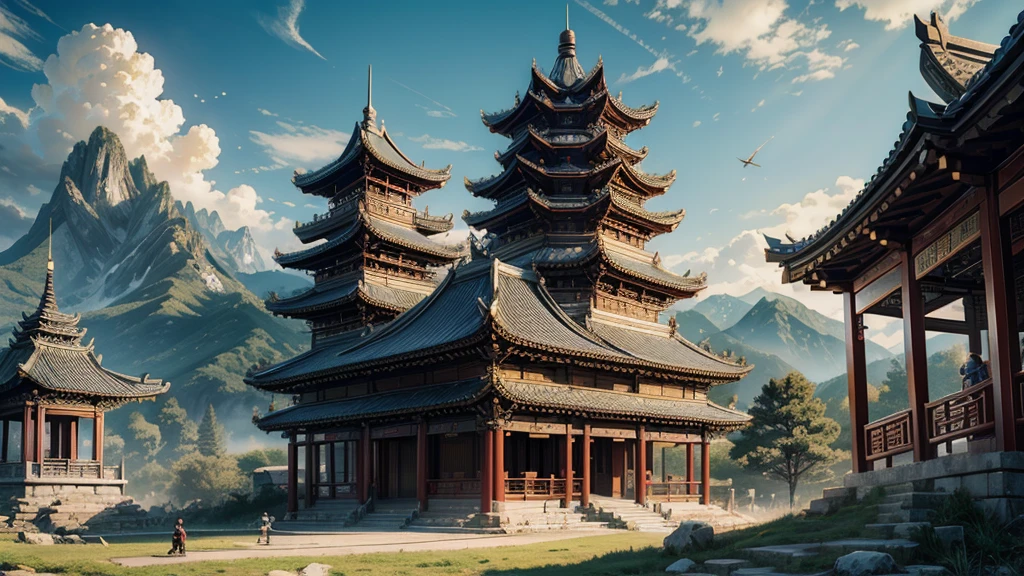UHD,Masterpiece,won,best quality,height,8K,Highly detailed,(man:1.6),perfect face,long black hair,Ancient Chinese hair accessories,blonde hair accessories,(Facing the lens:1.4),(Mobile Sword:1.5),mobile pod,ancient chinese robes,martial arts,outlaw star,Buku,jump up,There's a dragon behind it.,chinese dragon,Patron Saint,ฉากหลังเป็นmountainและต้นไม้,mountain,pavilion,pine,clear sky,white clouds,The sky is cloudy.,Lost,,ancient oriental architecture,ancient chinese architecture,