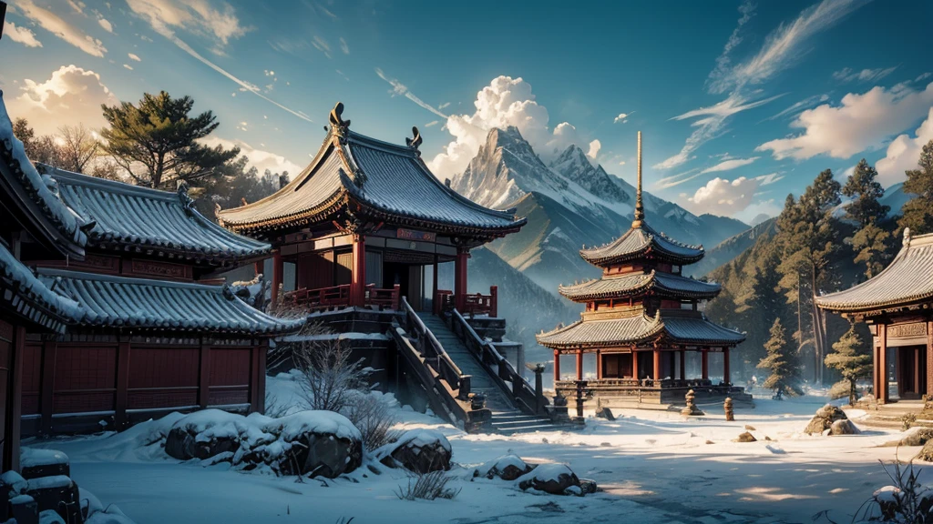 UHD,Masterpiece,won,best quality,height,8K,Highly detailed,(man:1.6),perfect face,long black hair,Ancient Chinese hair accessories,blonde hair accessories,(Facing the lens:1.4),(Mobile Sword:1.5),mobile pod,ancient chinese robes,martial arts,outlaw star,Buku,jump up,There's a dragon behind it.,chinese dragon,Patron Saint,ฉากหลังเป็นmountainและต้นไม้,mountain,pavilion,pine,clear sky,white clouds,The sky is cloudy.,Lost,,ancient oriental architecture,ancient chinese architecture,